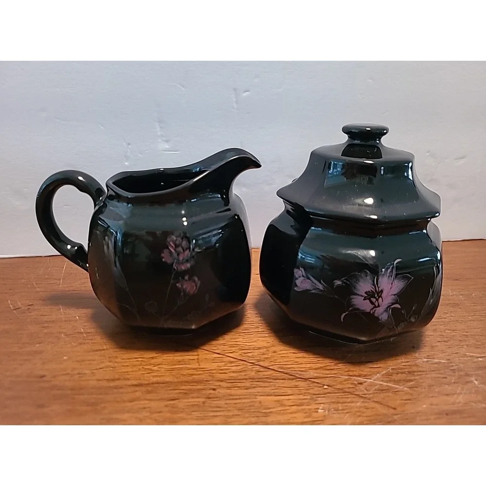 Mikasa EBONY GARDEN Sugar Bowl and Creamer Set Pink Yellow Flowers Black F3701